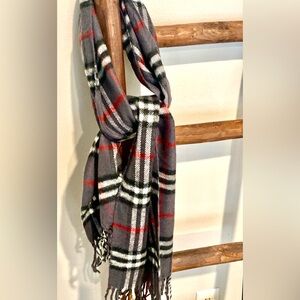 BURBERRY Gray Plaid Scarf with Red and White Accents  (EUC AUTHENTIC)